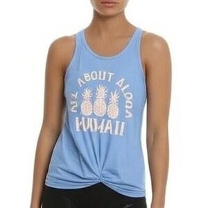 Vibe N' Tank Top‎ XS Light Blue Pineapples Knot Back Hawaiian Tropical Vacation